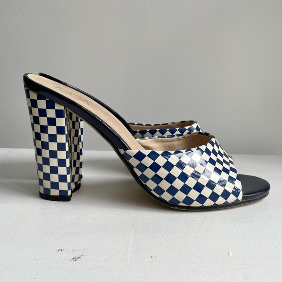 Toga Blue & Cream Checker Print Vinyl Mules Heels - Picture 2 of 9